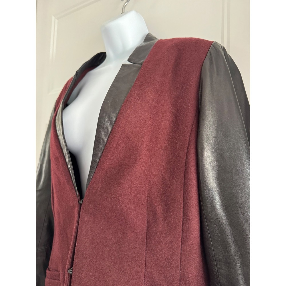 Danier Womens Italian Leather Sleeve Wool Blend Blazer Burgundy Black Medium - Picture 4 of 11
